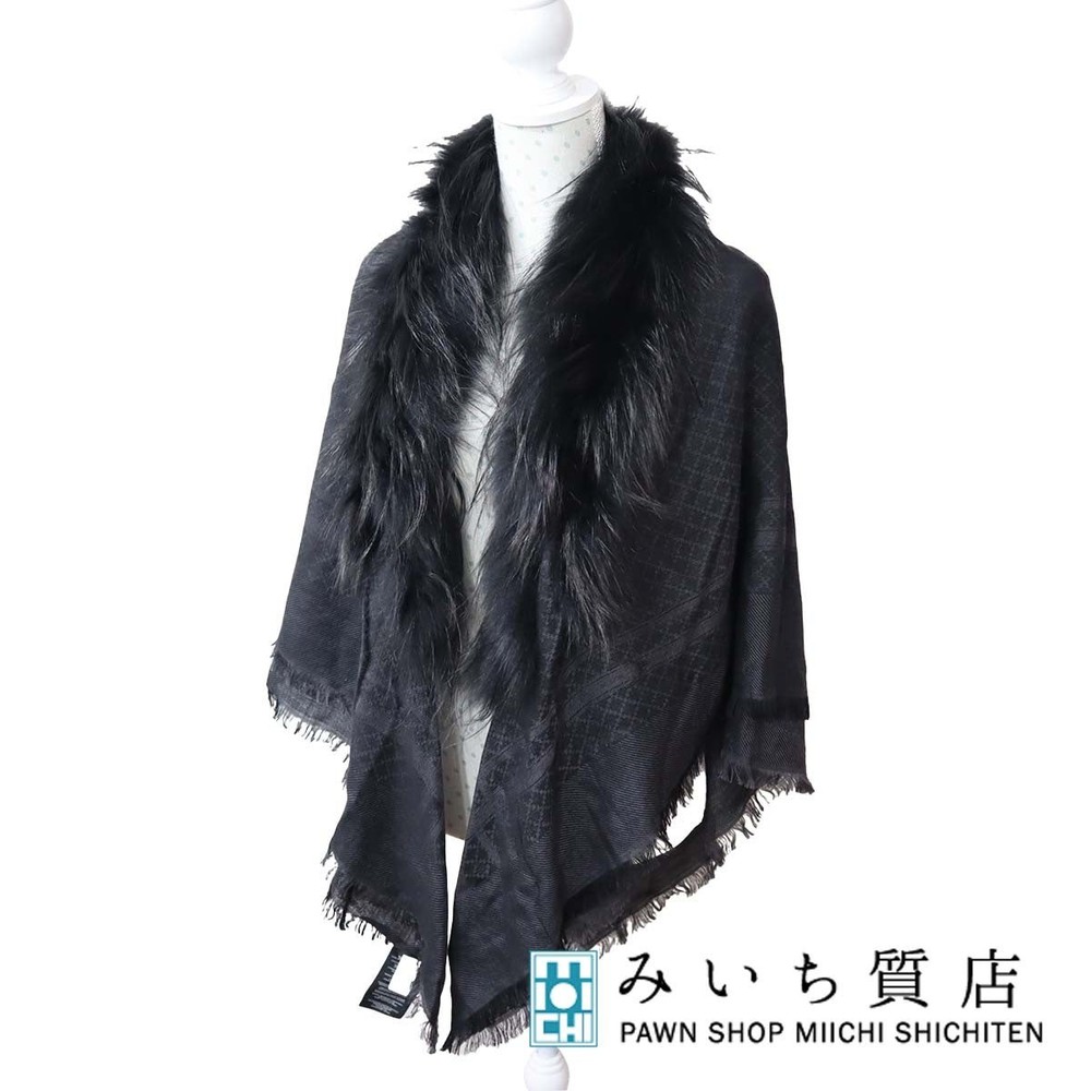 Gucci Horsebit Diamante Shawl with Fox Fur Trim in Silk Wool 3G946