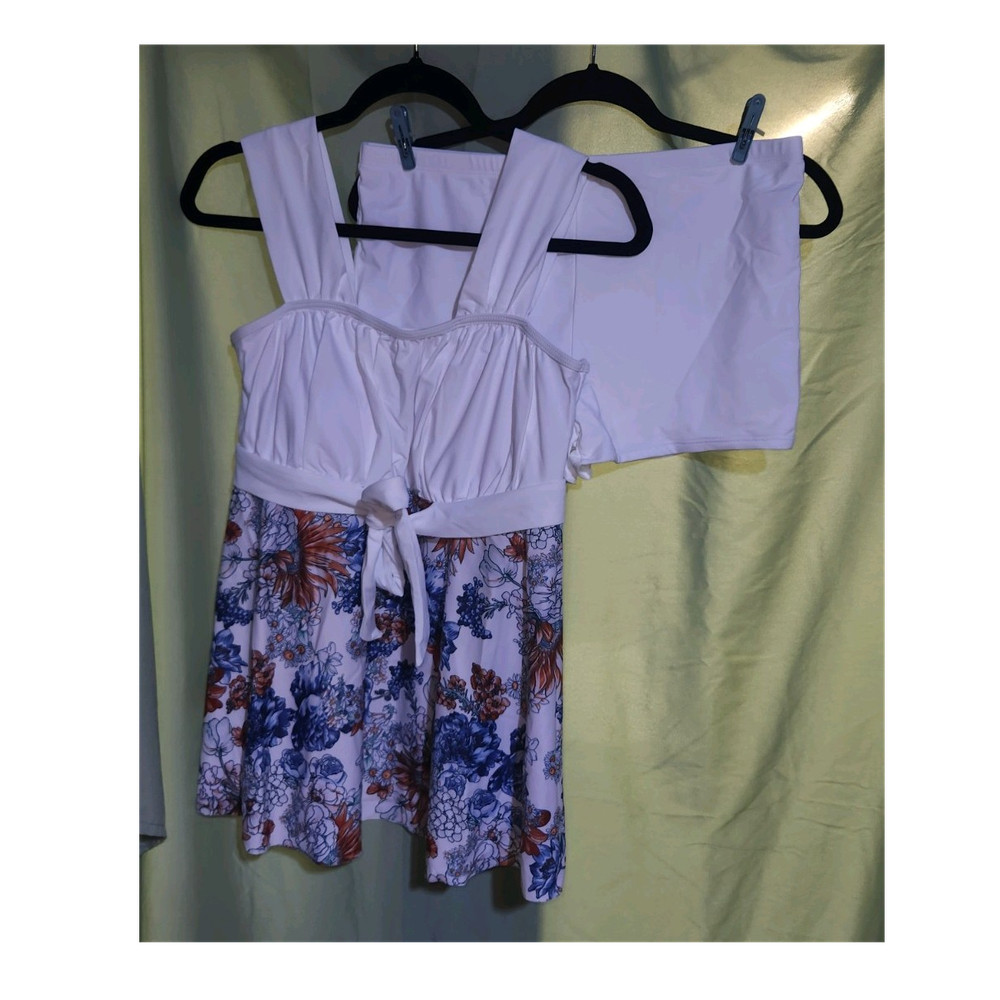 Floral Tankini Swim Set Tie Front Top & Swim Shorts White Multicolor XL