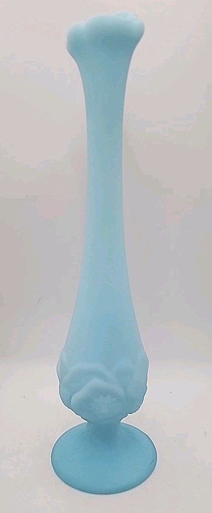 Vintage Fenton Stamped Blue Milk Glass Water Lilly Swung Bud Vase