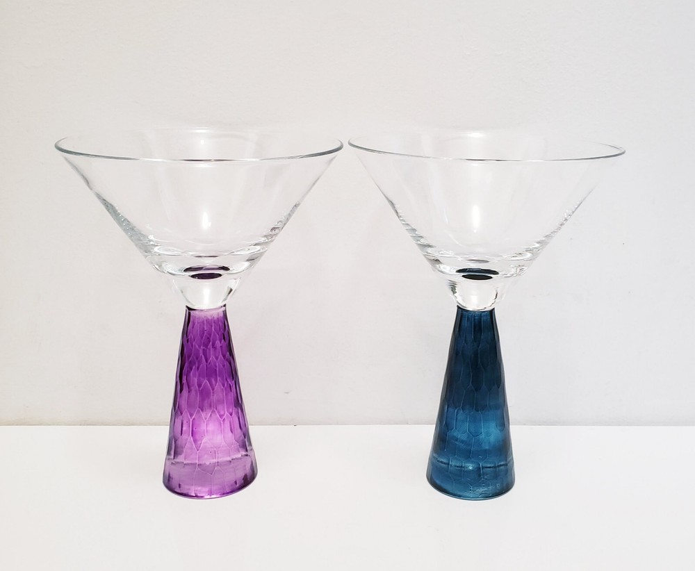 Artland Prescott Handblown Honeycomb Martini Glasses with Blue Purple Stems 6.75 Inch