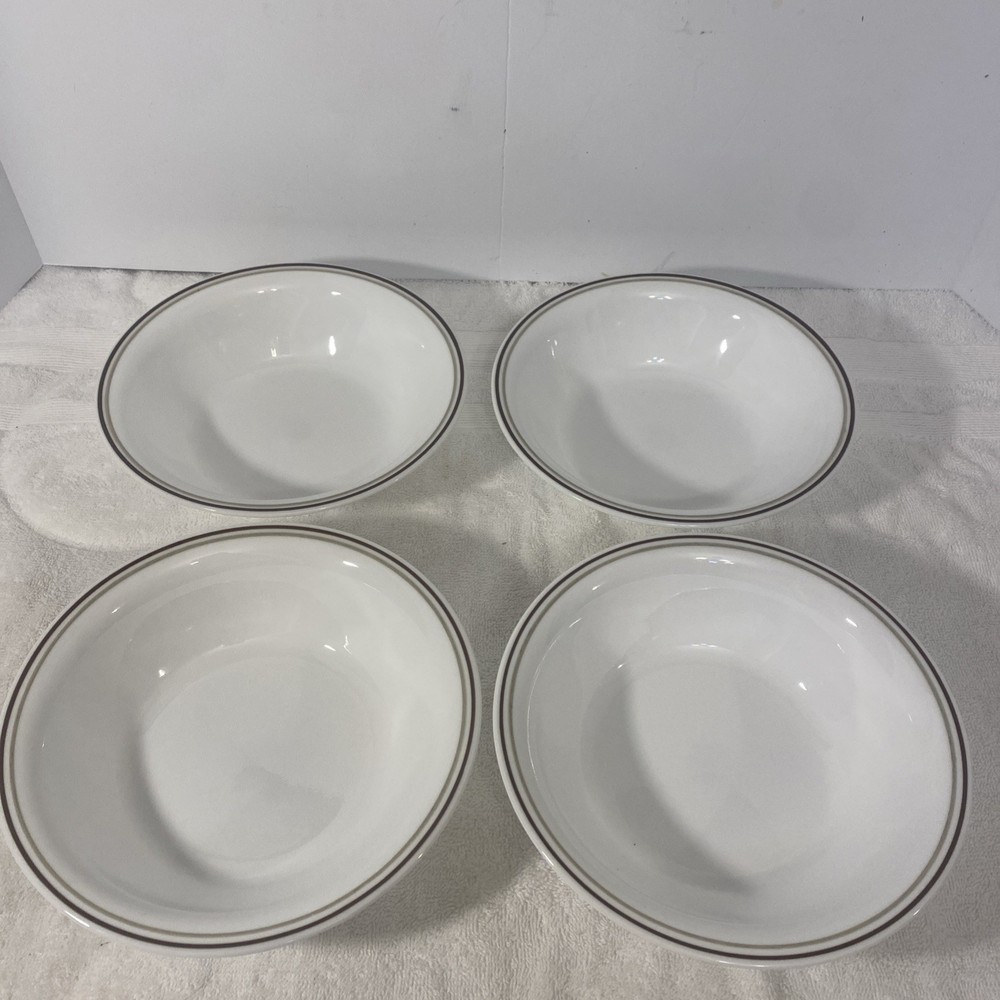 Corelle Vitrelle 4-Piece Pewter Tan Brown Bands Soup Cereal Bowl Set 7.25 Inch