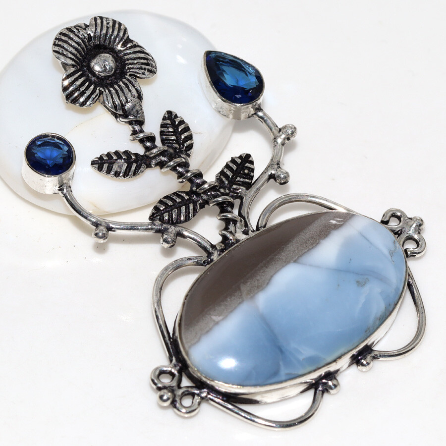 925 Silver Plated Owhyee Blue Opal Blue Topaz Flower Pendant Size 2.2