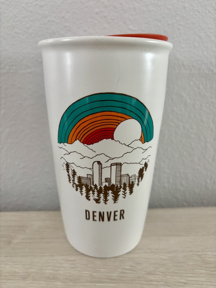 Starbucks 12 Oz Tumbler Ceramic Denver Rainbow With Lid Great Condition