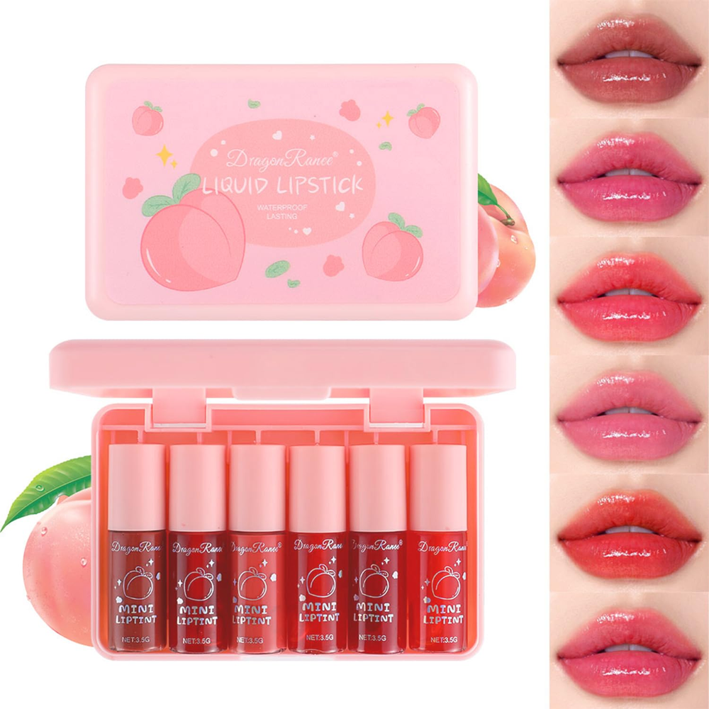 6-Color Peach Lip Tint Set – Korean Mini Liquid Lipstick & Gloss Duo
