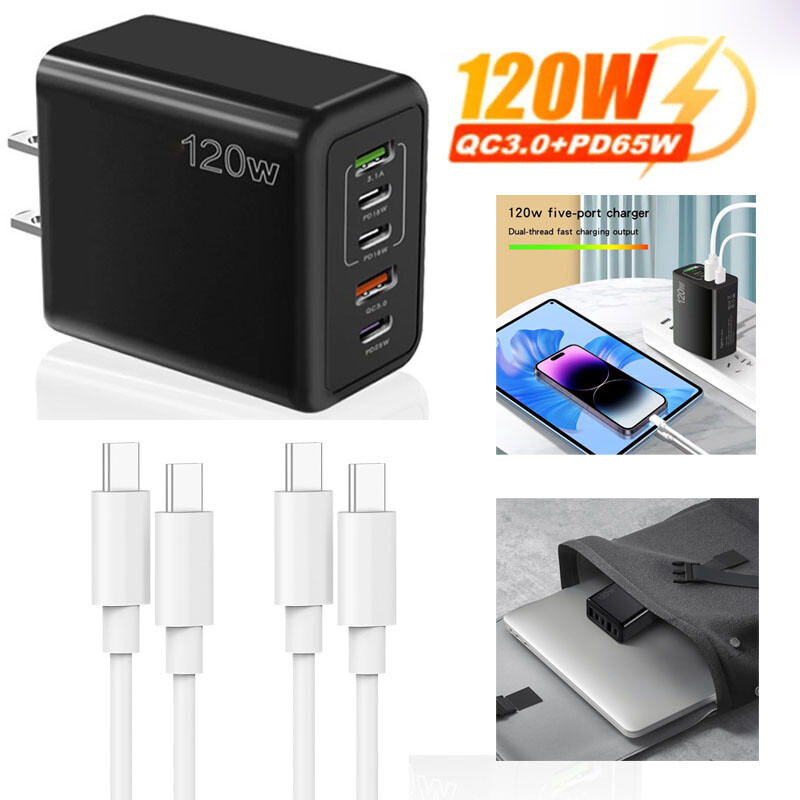 120W USB-C Wall Charger with 5 Ports 3 PD and 2 QC3.0 Fast Charging