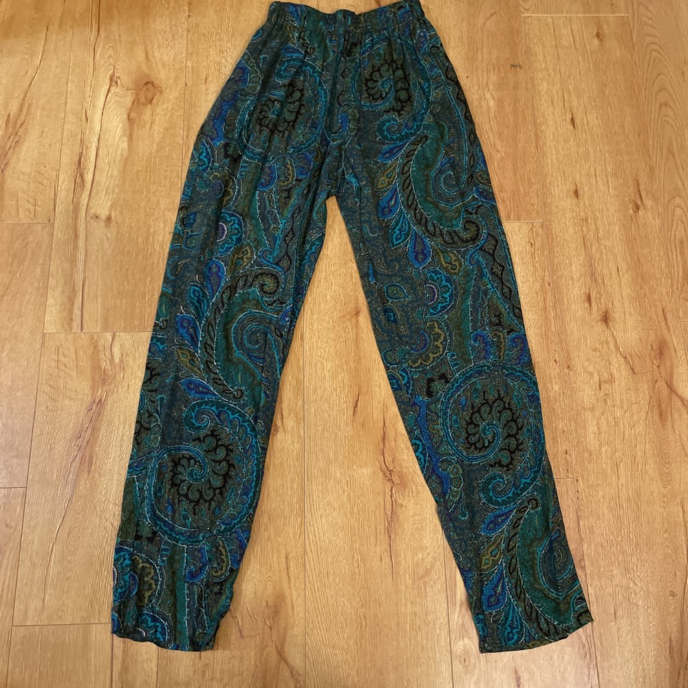 VTG CAbi Carol Anderson Palazzo Pants Green Paisley Abstract Jewel Tapered Made in USA