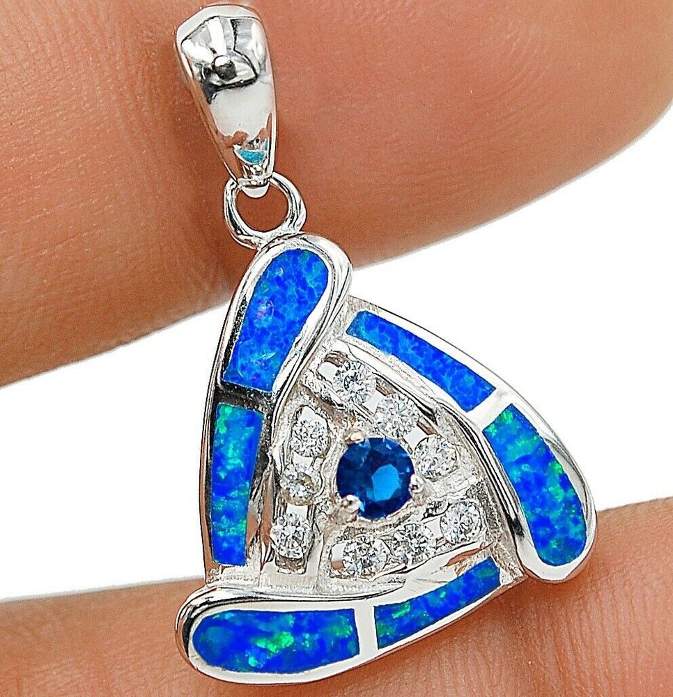 1CT Treated Blue Sapphire & Australian Opal Inlay 925 Sterling Silver Pendant