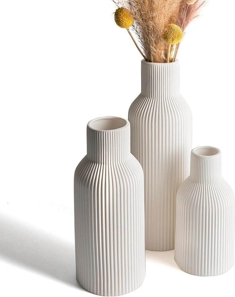 White Ceramic Vases Set of 3,Farmhouse Decor, Home Decor, Pampas Grass Vases for