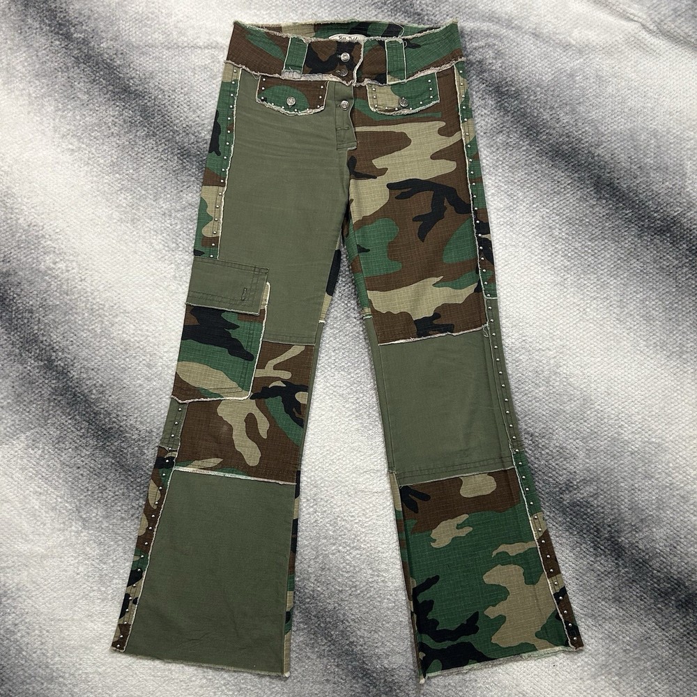 Vintage Y2k Bella Dahl Camo Flare Pants Silver Studs Size 26