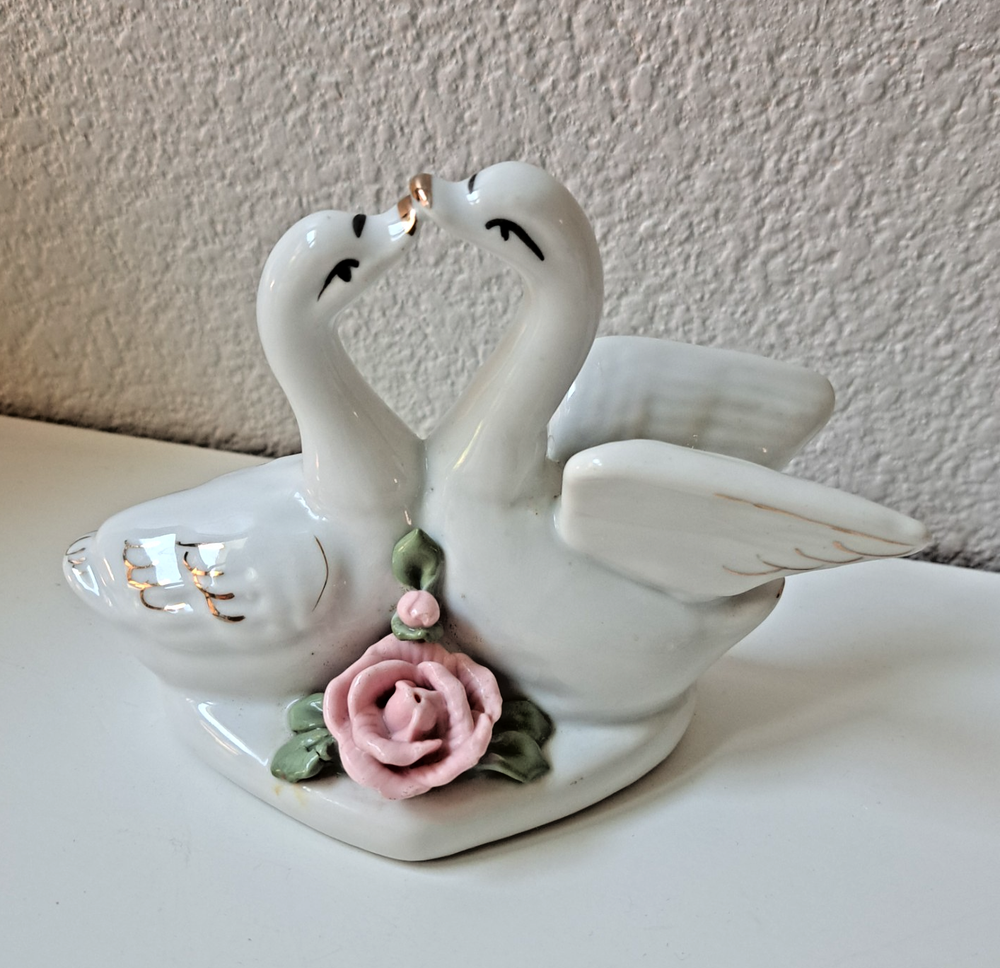 VTG Porcelain Swan Figurines with Pink Roses and Gold Handpainted Details