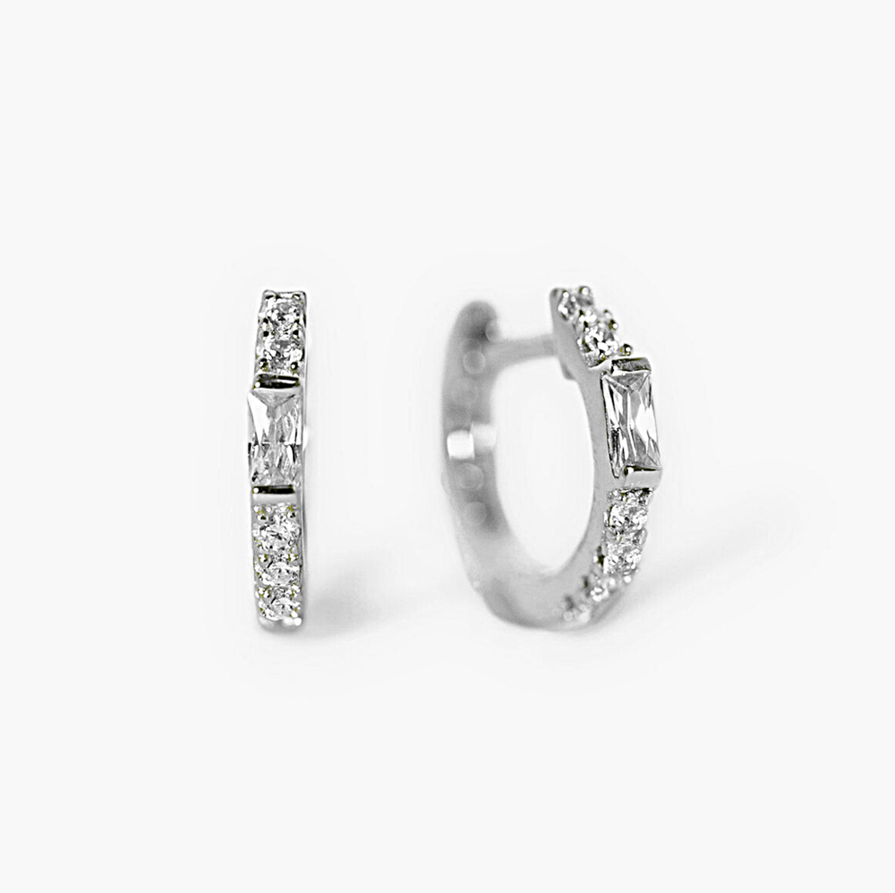 14k White Gold Huggie Hoop Earrings Tiny Baguette for Cartilage Piercing