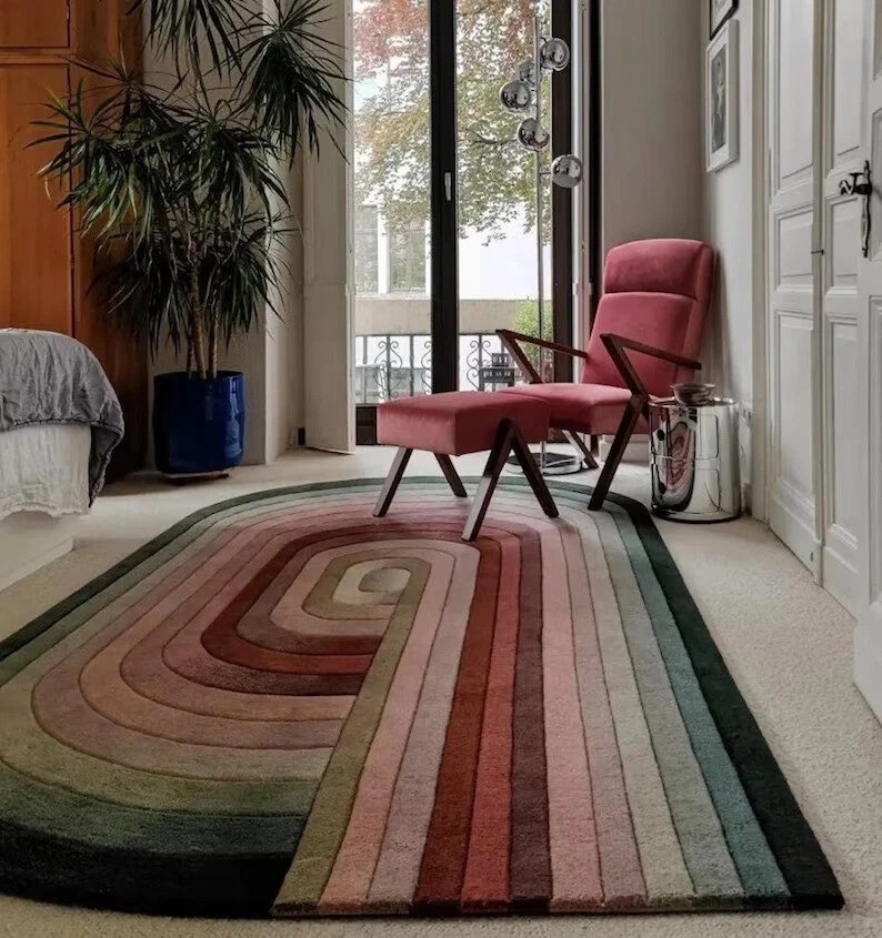 Hand-tufted irregular multi-color wool area rug for bedroom or home decor