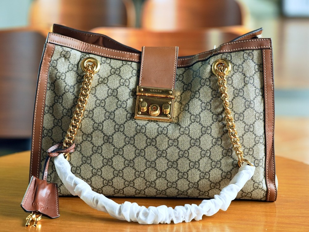 GUCCI Padlock Medium Brown Gold Canvas Tote Shoulder Handbag