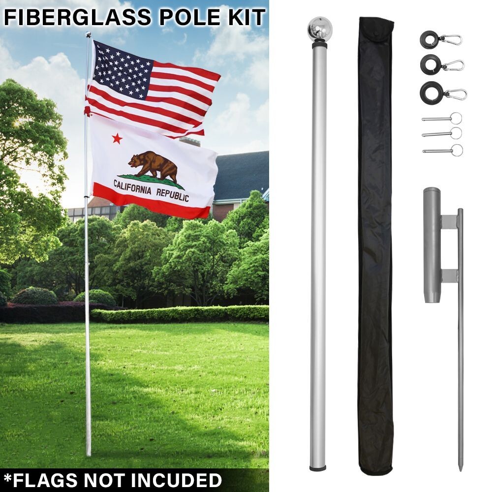 22ft Locking Fiberglass Telescoping Flag Pole & Ground Spike Kit