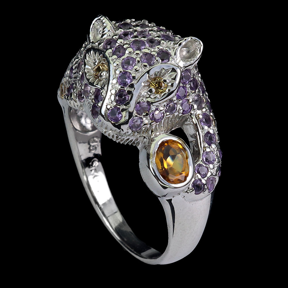 925 Sterling Silver Tiger Ring with Oval Citrine Amethyst Sapphire Gemstones