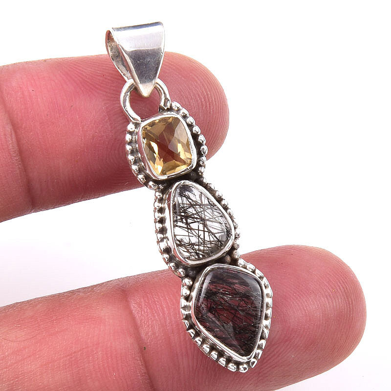 Natural Black Rutile Citrine 925 Sterling Silver Gift Pendant 1.50 Inches