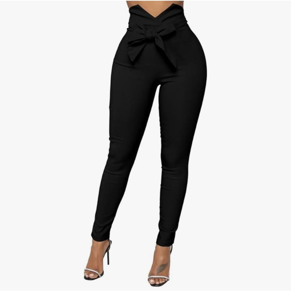 Women's Casual High Waist Stretch Trousers Solid Pencil Pants with Tie