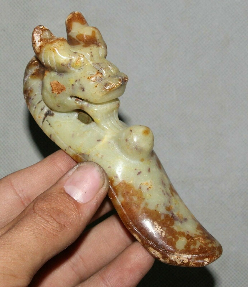 12CM Vintage Green Jade Dragon King Head Ruyi Wishful Statue Carving