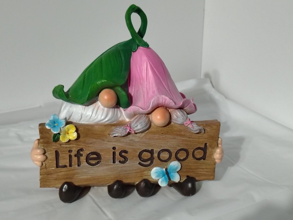Colorful Garden Gnomes with Life Is Good Sign & Fairy Decor in Pink Green Hats