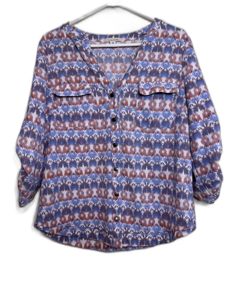 41 Hawthorn women M paisley print button up blouse Pink/Blue Pockets 3/4 sleeves