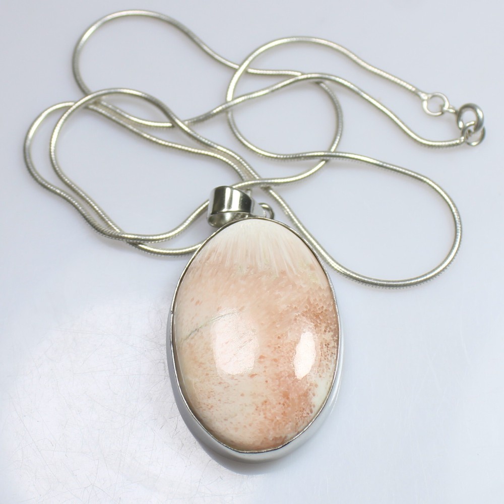 Natural Scolecite Pendant in 925 Sterling Silver with Snake Chain