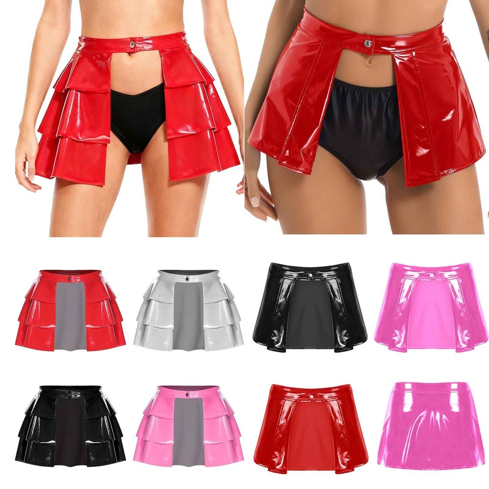 Women Glossy Pu Open Front Micro Ruffled Tiered Hem A-line Mini Skirt Nightwear