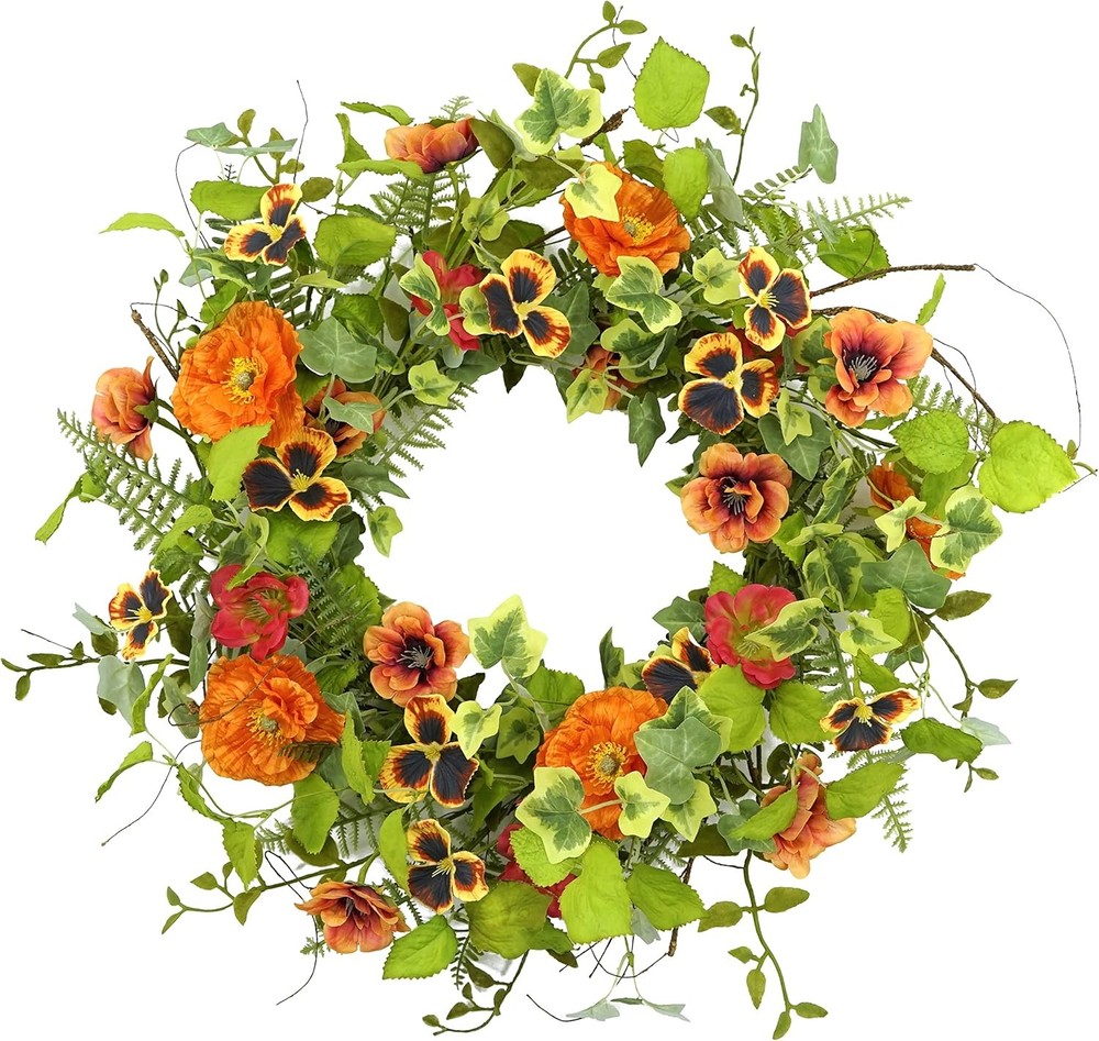 20 Inch Orange Poppy Wild Rose Spring Summer Wreath for Front Door