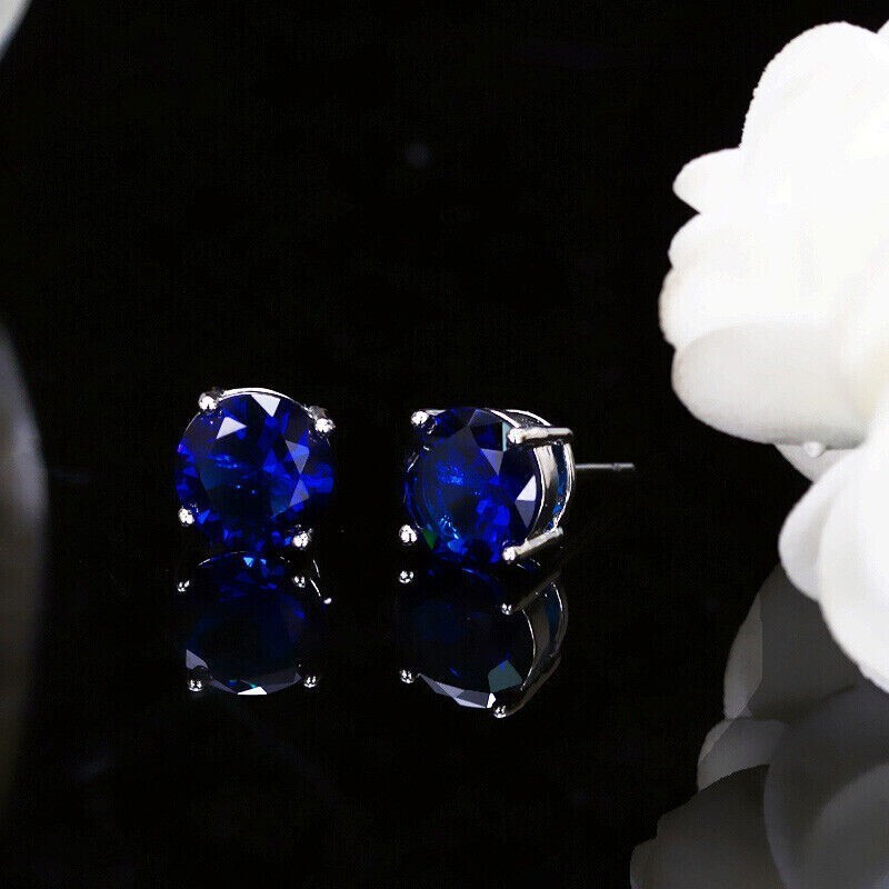 2Ct Round Cut Simulated Sapphire Solitaire Stud Earrings 14k White Gold Plated