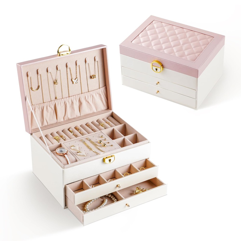 Jewelry Organizer Box, Three Layer Jewelry Display Case 2 Drawers for Necklac...