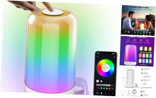 Cordless Table Lamps Rechargeable Dimmable Touch Bedside Lamp White RGB Colour