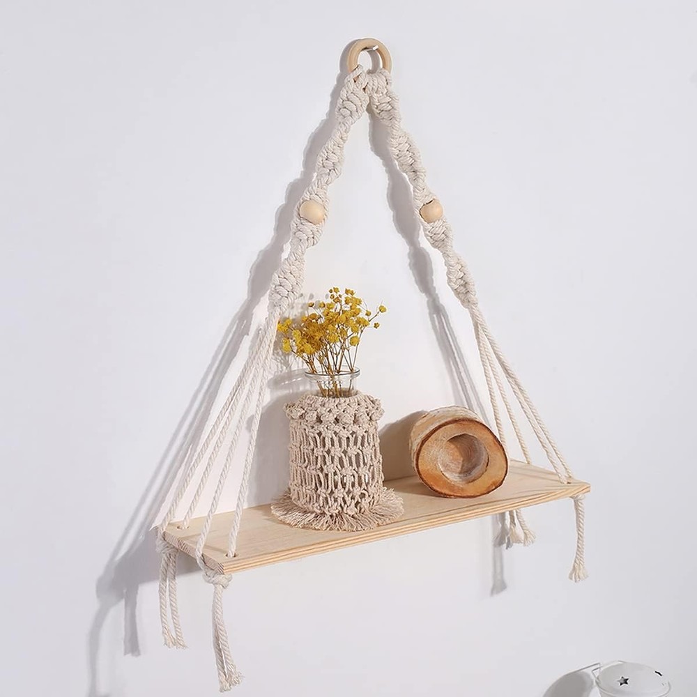 Macrame Wall Hanging Shelf - Boho Wood Wall Shelves with Wood Beads, Farmhous...