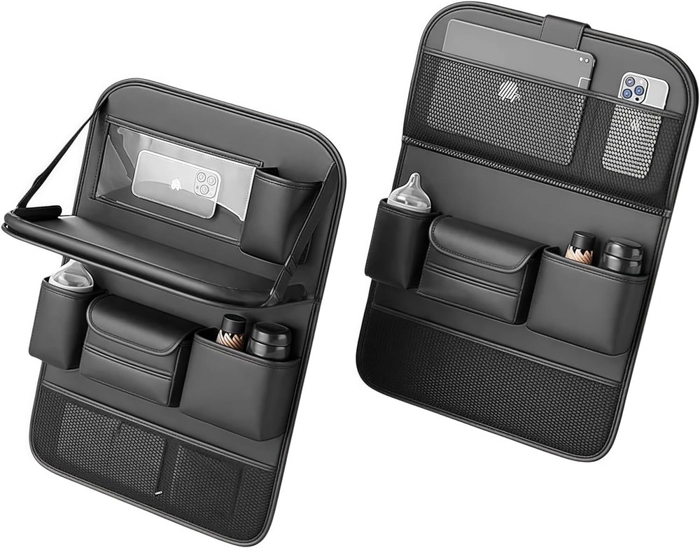 Leather Car Seat Back Organizer with Foldable Table in Black