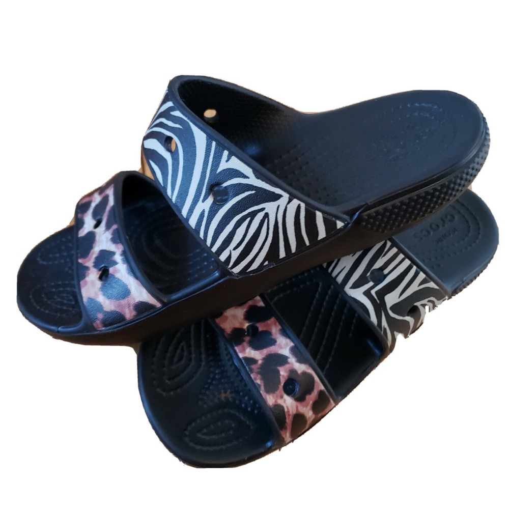 Crocs Womens Animal Print Remix Sandals Flip Flops 6 207847 Comfort Shoe Black
