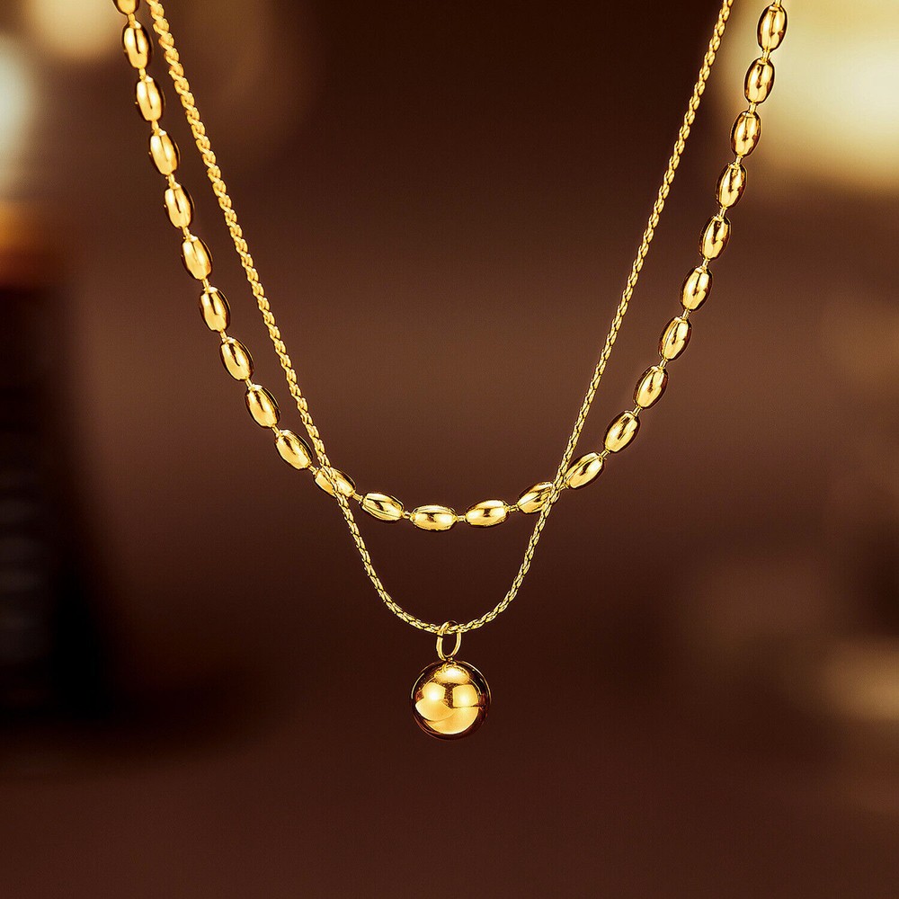 Women Gir Layered Necklace Gold Bead Ball Pendant Dainty Choker Layering Gift