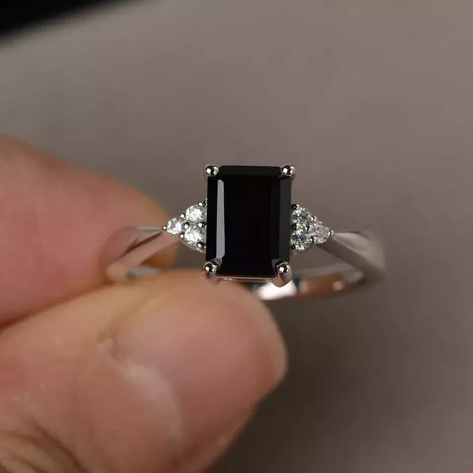 2Ct Emerald Cut Lab Black Diamond Ring in 14K White Gold