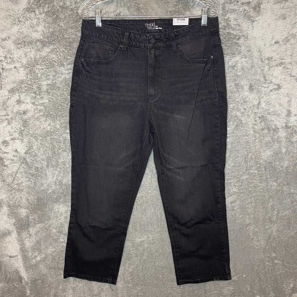Time Tru Women High Rise Straight Crop Black Whiskered Stretch Jeans Size 14
