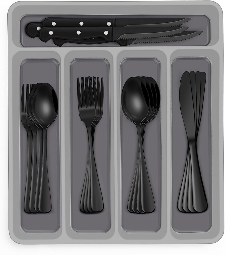 48-Piece Black Flatware Set with Stylish Storage Organizer