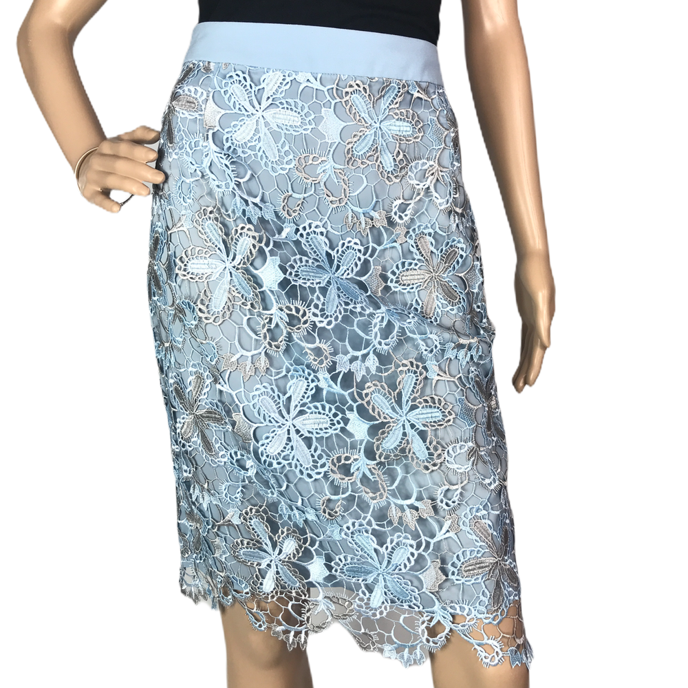 Fenn Wright Manson Blue Floral Lace Pencil Skirt Size 12 Petite Embroidered Straight Fit