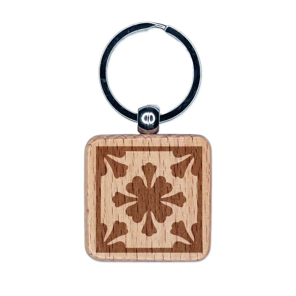 Arabesque Floral Pattern Tile Engraved Wood Square Keychain Tag Charm