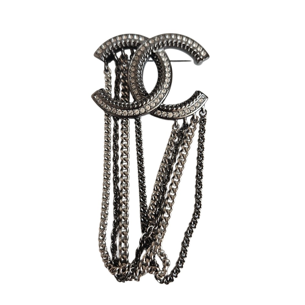 Chanel CC Multi Chain Crystals Gun Metal Ton Pin Brooch