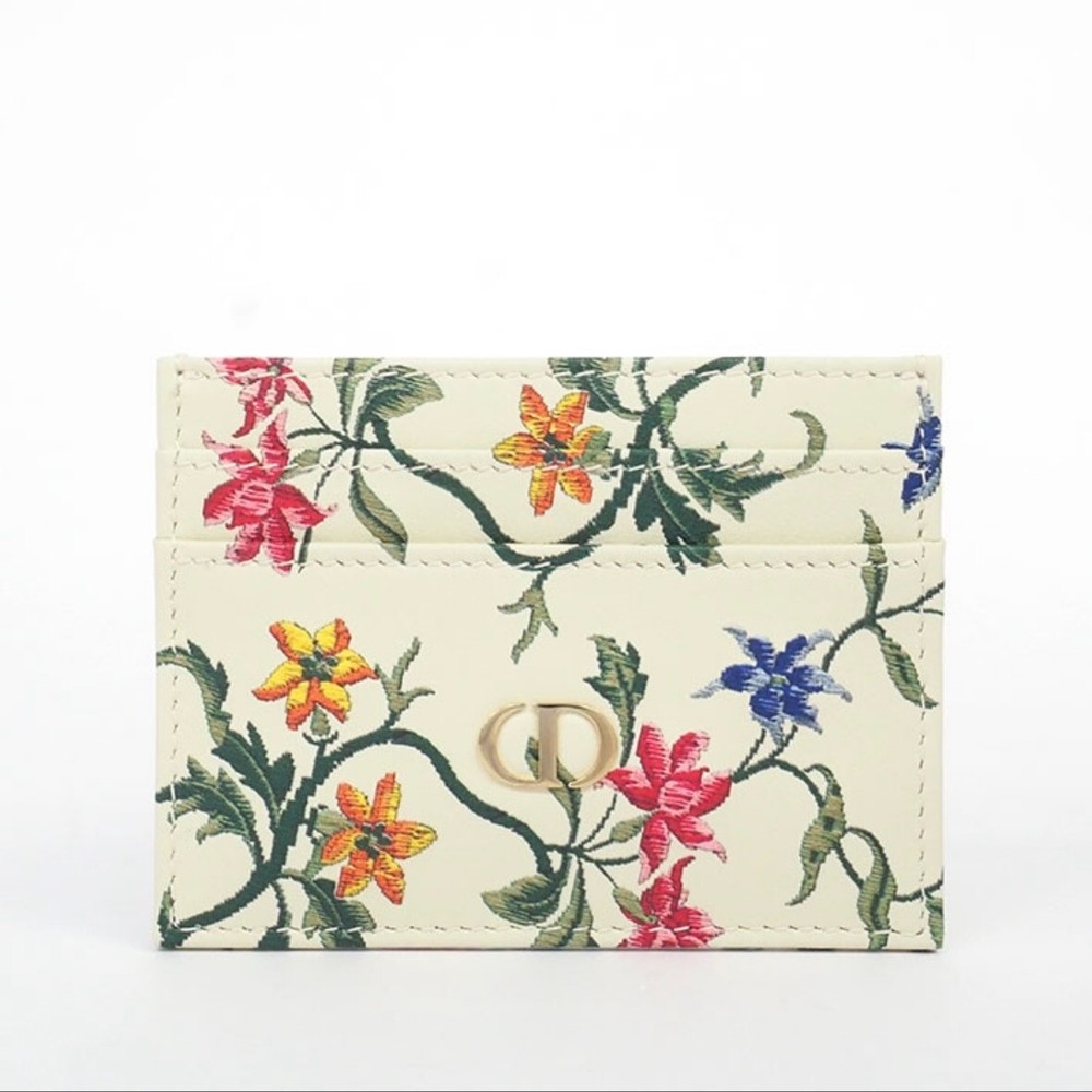 Christian Dior Caro XS Floral Print Leather Wallet Coin Purse White Authentic