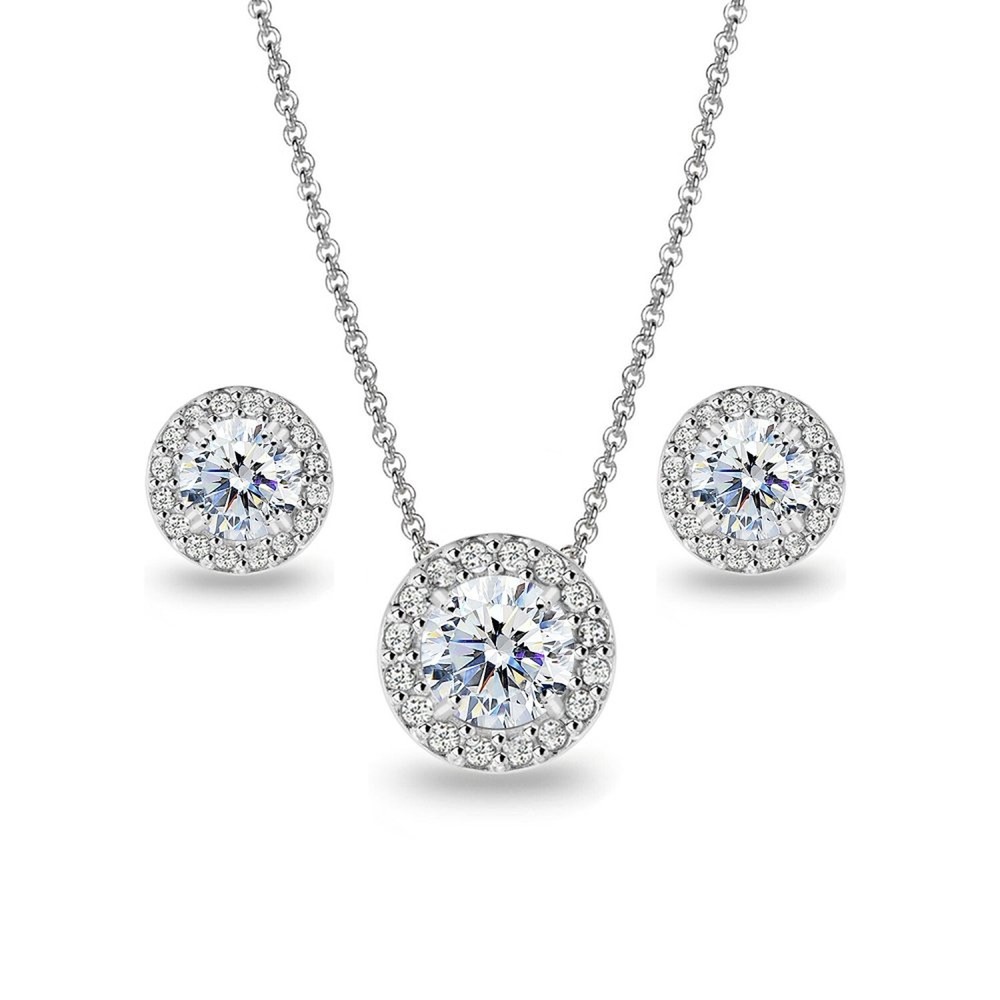 Sterling Silver AAA Cubic Zirconia Round Halo Stud Earrings & Necklace Jewelr...