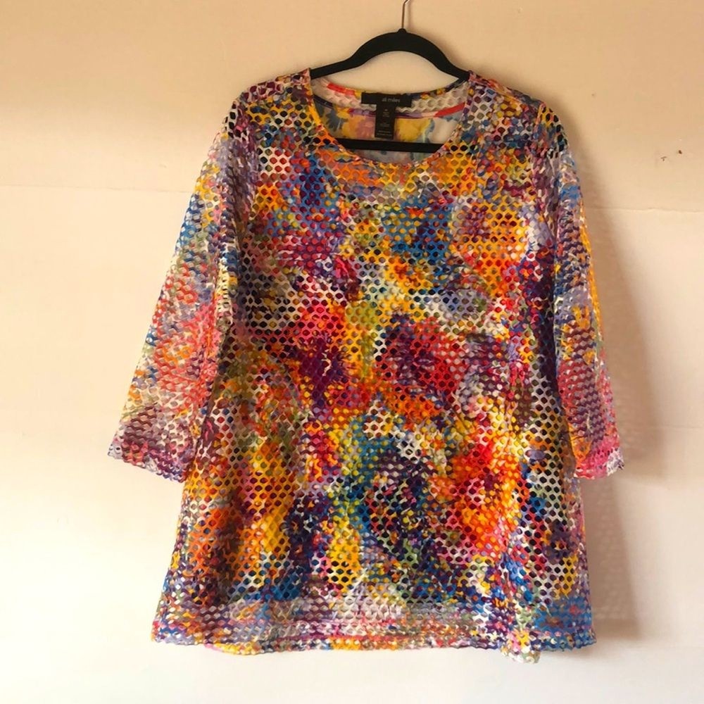Ali Miles laser cut 3/4 th sleeve under cami floral multi color artsy tunic
