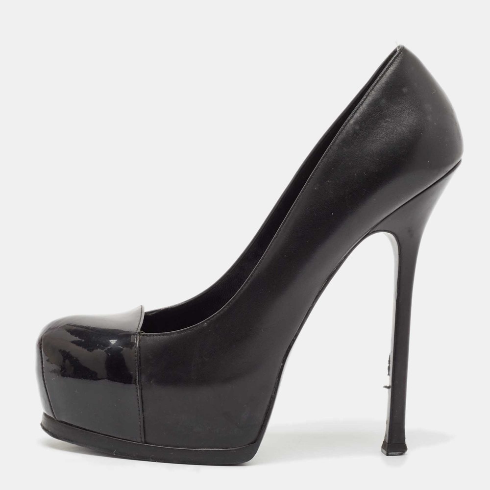 Saint Laurent Black Leather and Patent Leather Tribtoo Platform Pumps Size 40