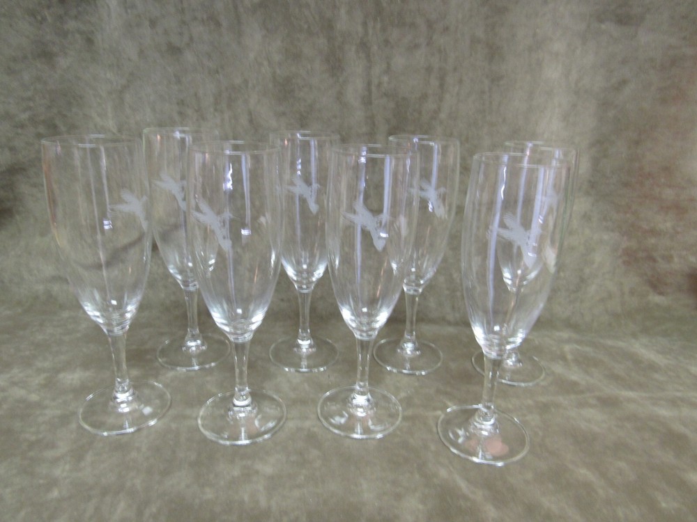 Vintage Hummingbird Etch Champagne Flutes Set of 8 Clear Glass