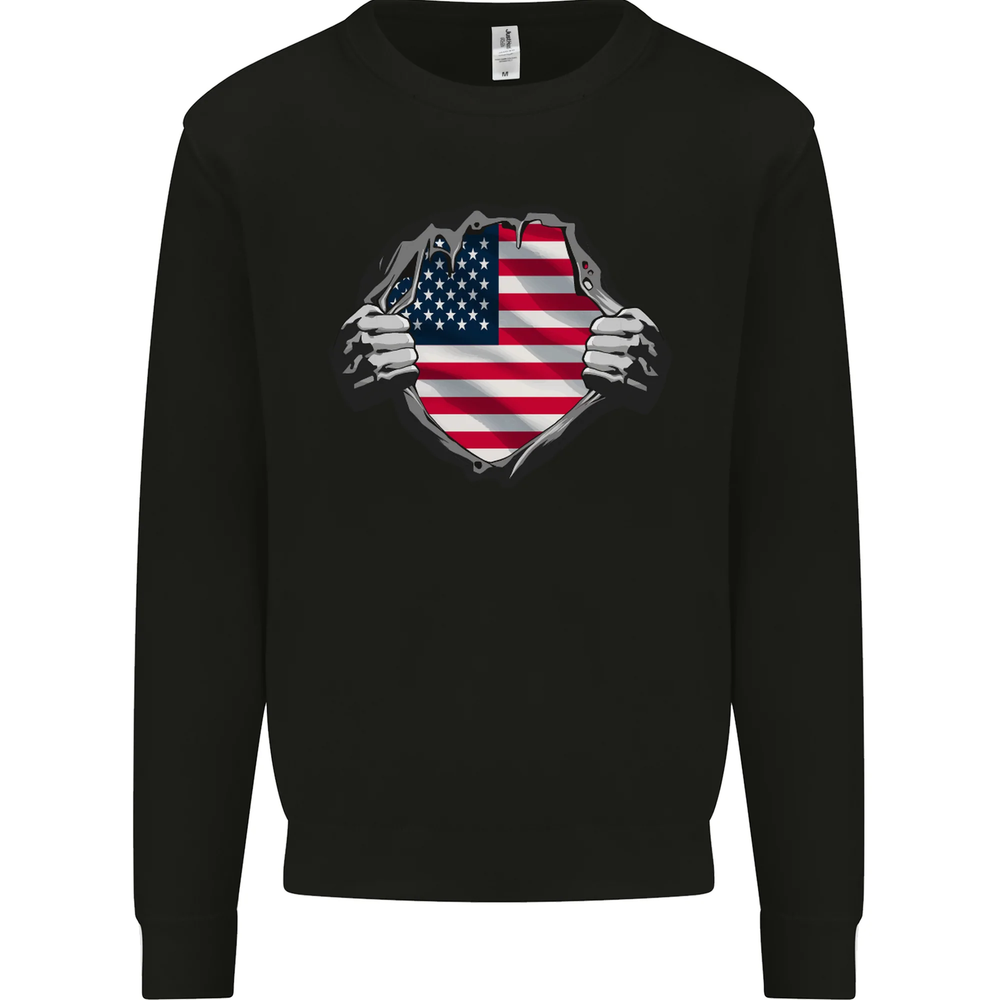 USA Flag Ripped Torn Gym America July 4th Mens Sweatshirt Jumper