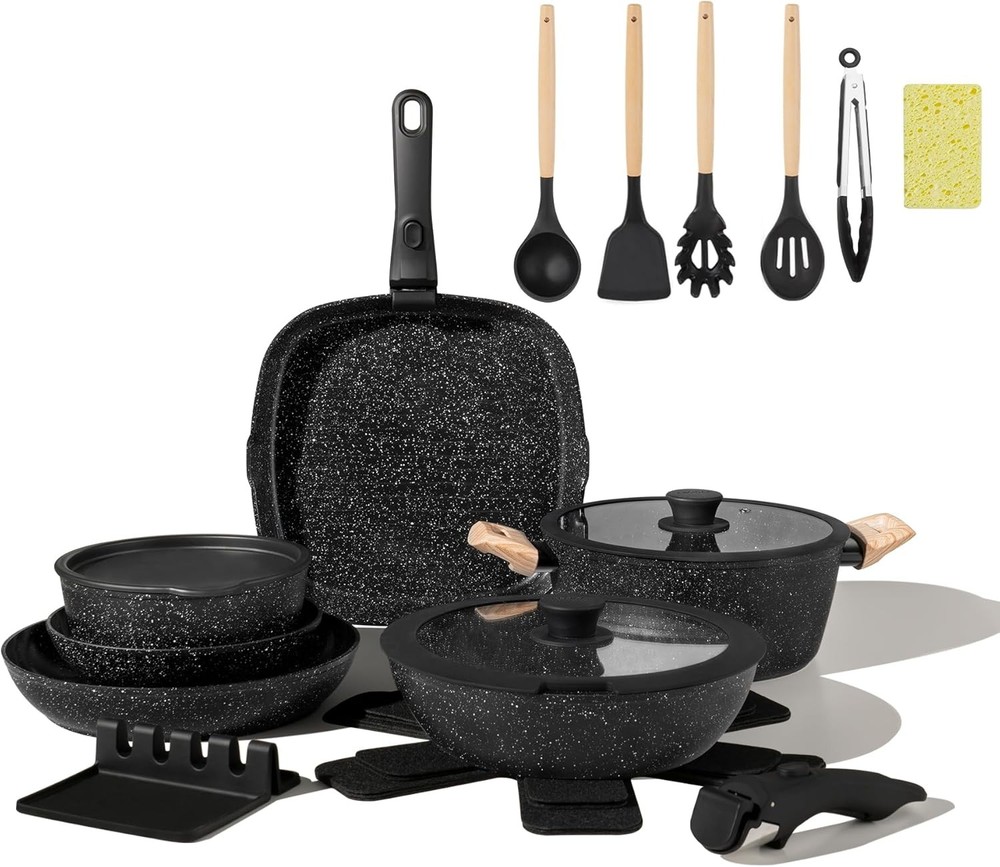 23pcs Nonstick Ceramic Cookware Set with Detachable Induction Handles