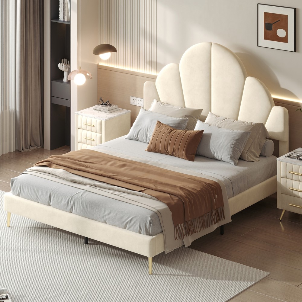 Queen Size Upholstered Bed Frame with Elegant Design, Modern Velvet Platform Bed