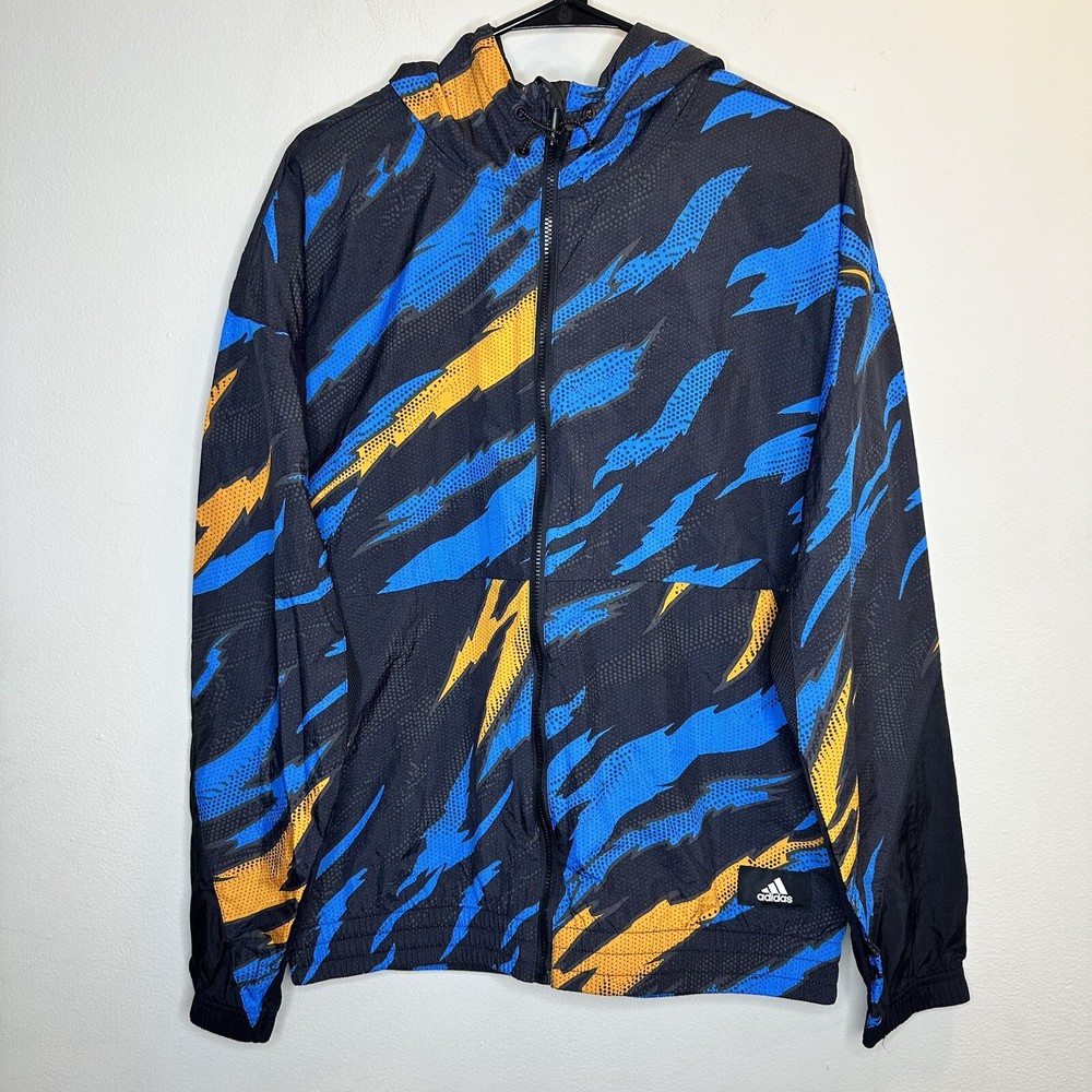 New Adidas Windbreaker Jacket Trvl Tiger Print Blue Camo Full Zip Hooded Sz S