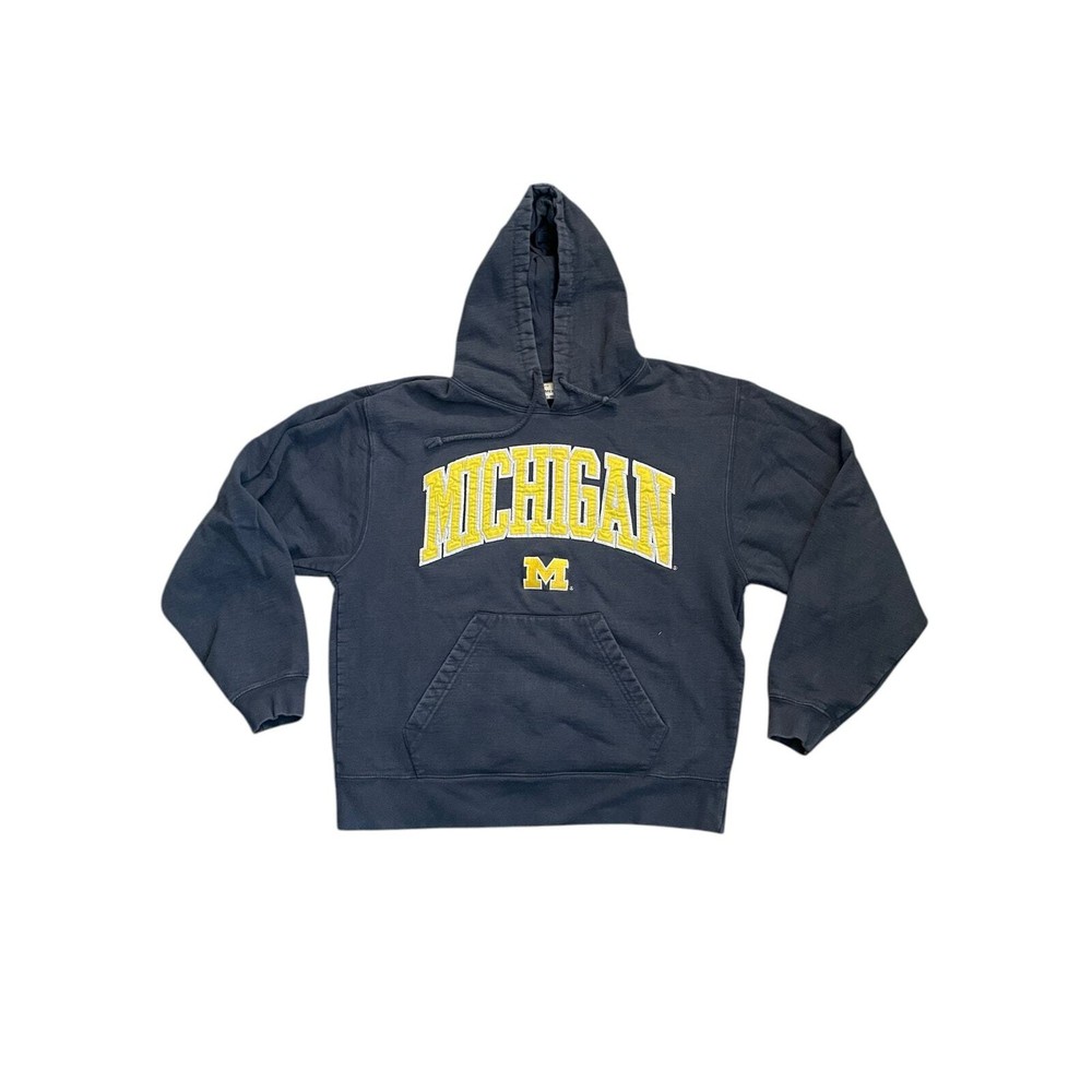 1990s Vintage University of MICHIGAN Navy Blue Spellout Hoodie Sweatshirt Medium